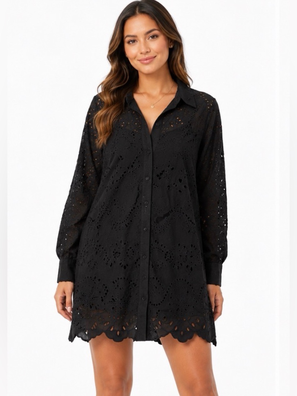 Chartou Black Eyelet Crochet Button Up Shirt Dress Size L NWT